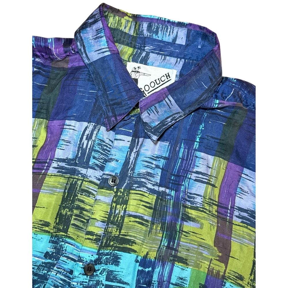 GOOUCH Men's Medium Silk Abstract Plaid Short Sleeve Button Up Shirt Lightweight